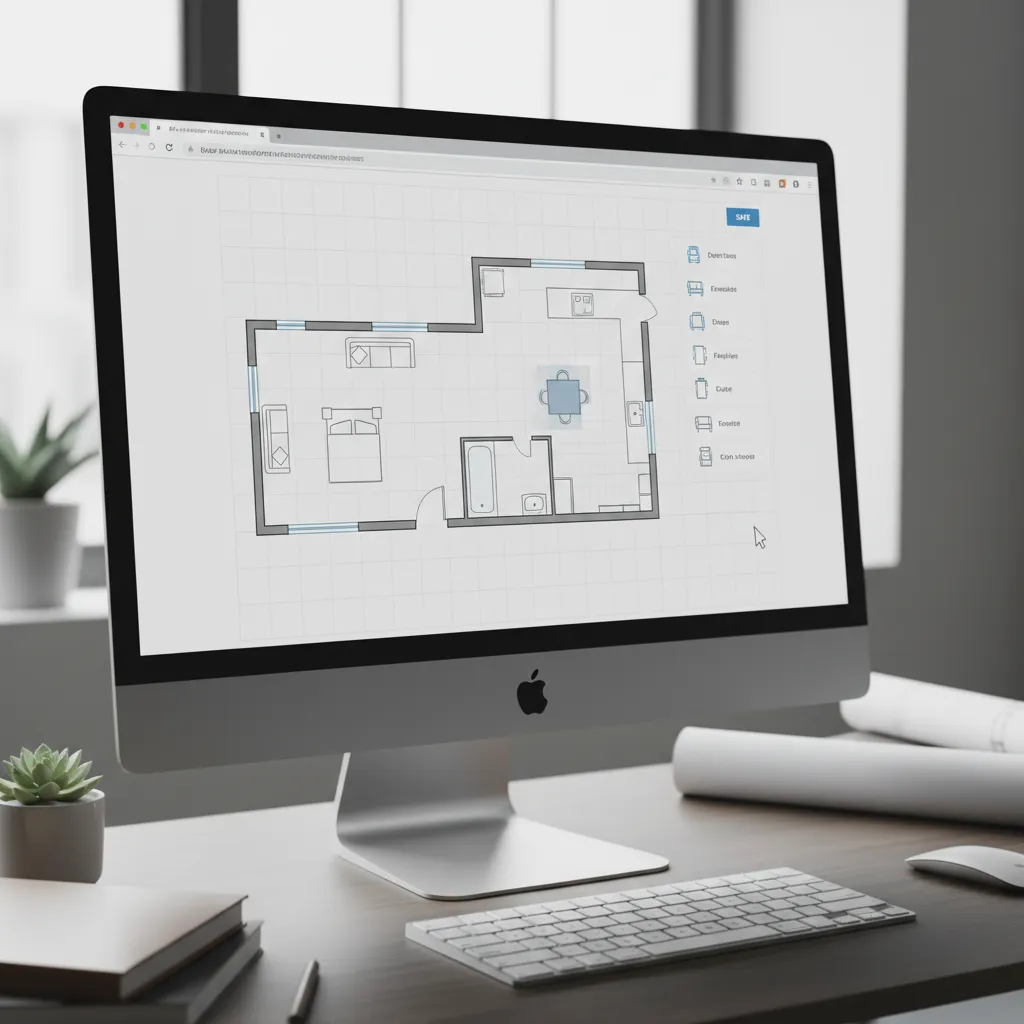 Browser based floor planner interface showing room layout grid and furniture elements