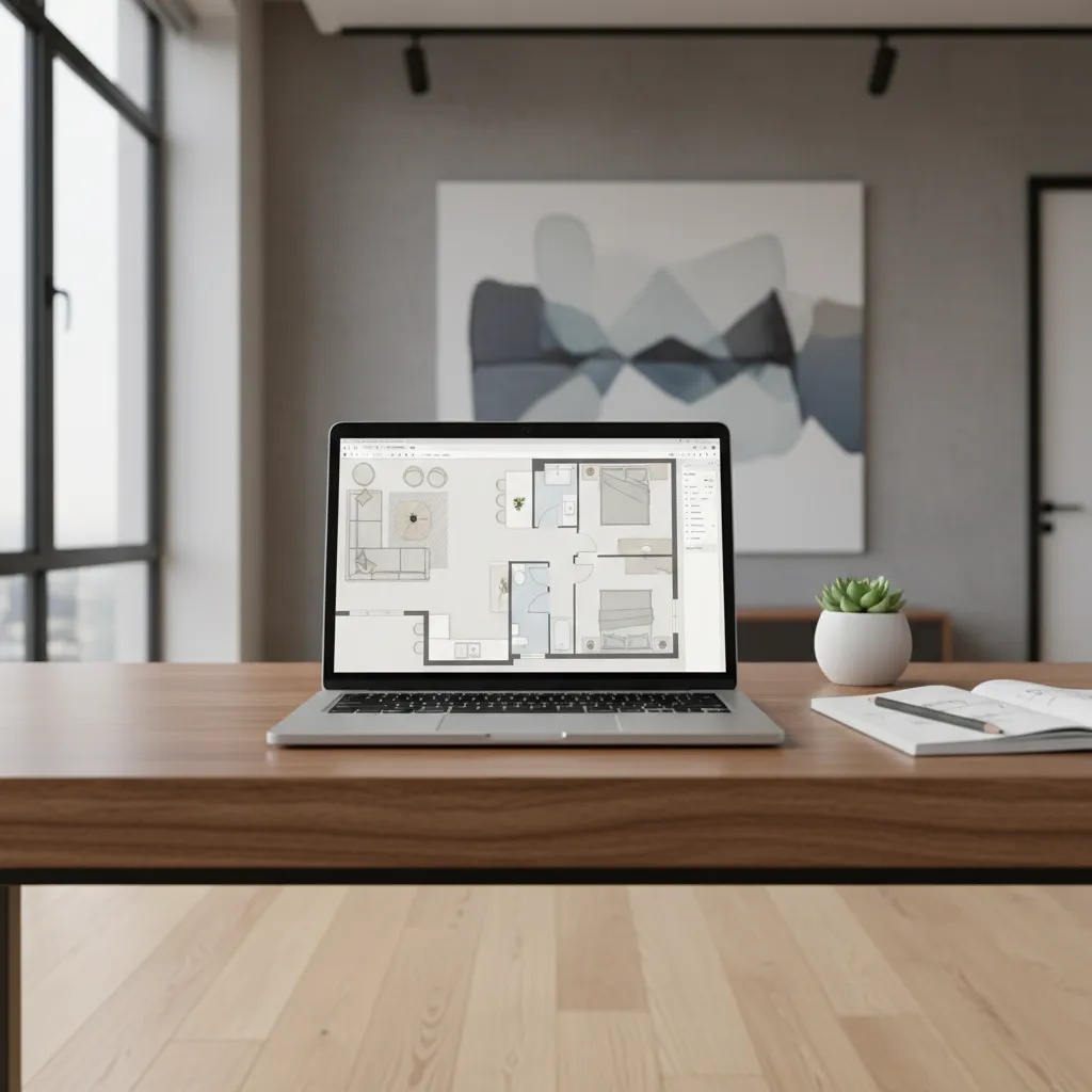 Laptop screen displaying an online floor planner tool with a small apartment design