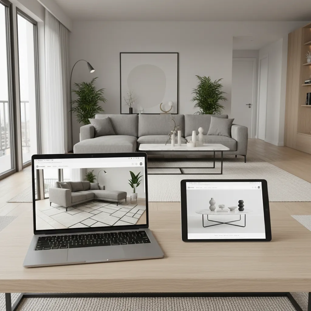 customer browsing furniture in a modern digital showroom environment