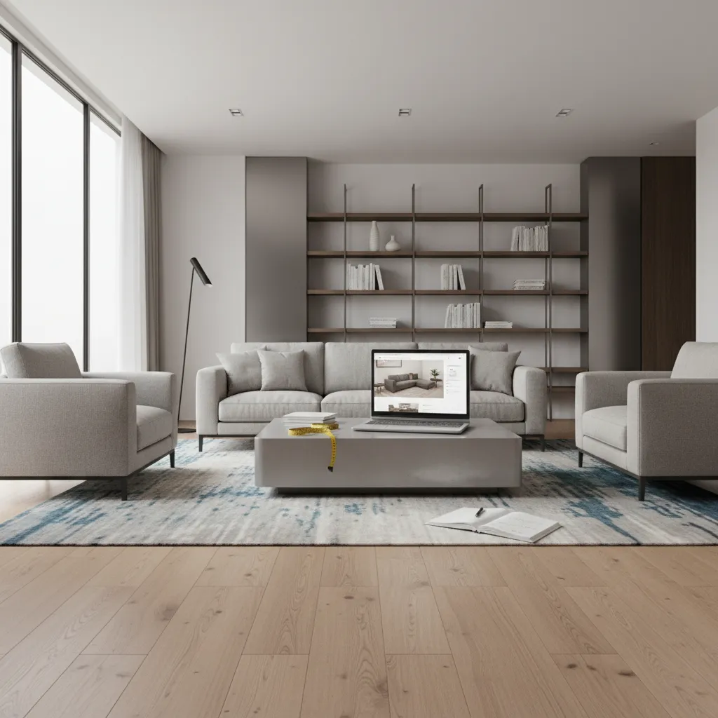 Person browsing furniture online while reviewing living room layout and measurements
