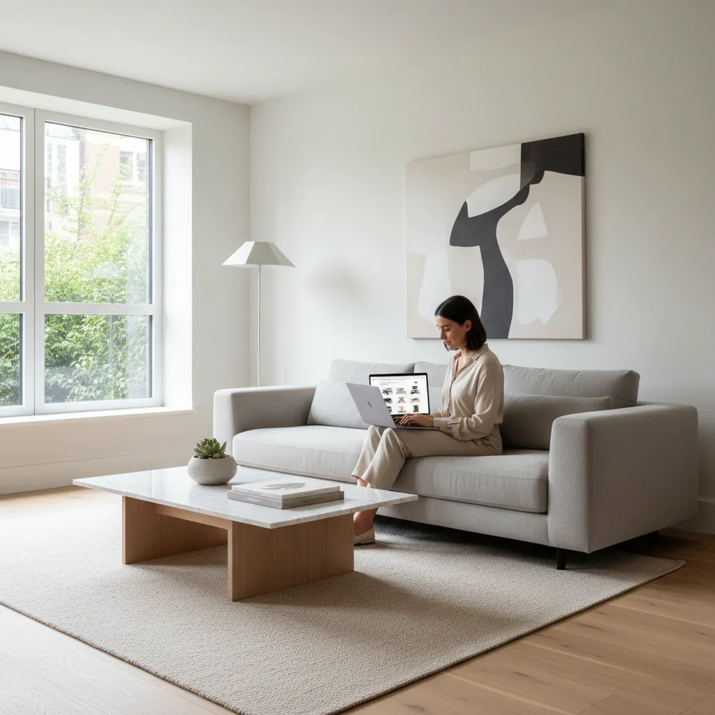Person browsing furniture online on laptop in a modern living room