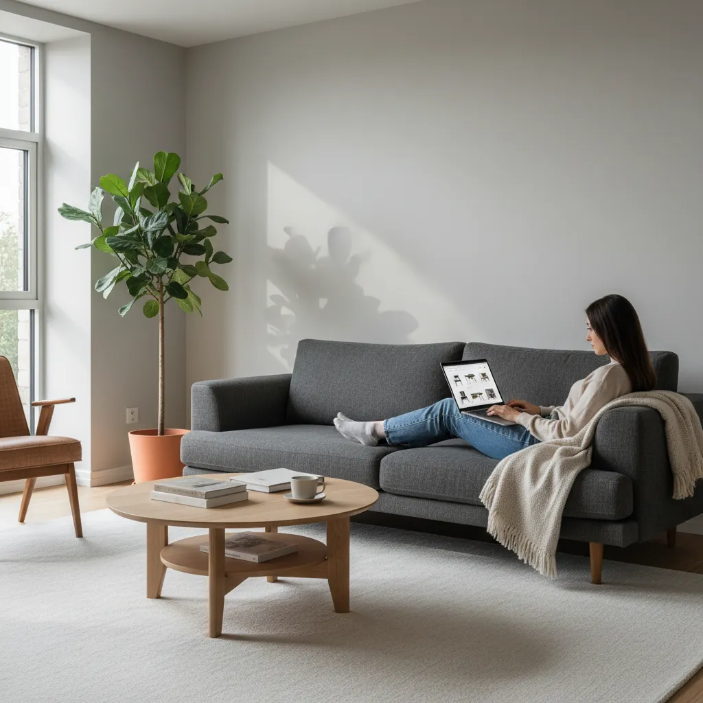 homeowner browsing luxury furniture online in modern living room