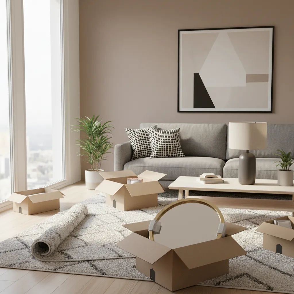 living room with newly delivered decor items being unpacked for inspection