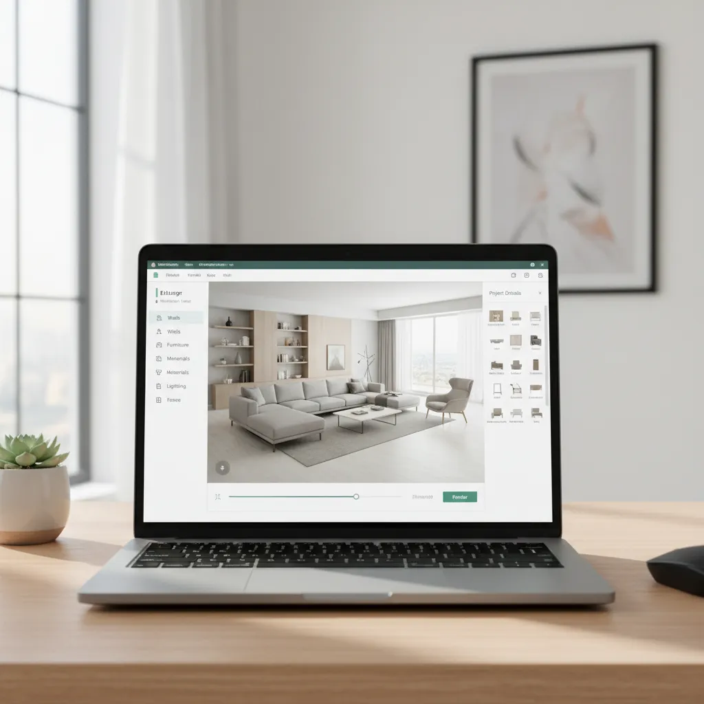 Laptop displaying online home design software interface with 3D room layout
