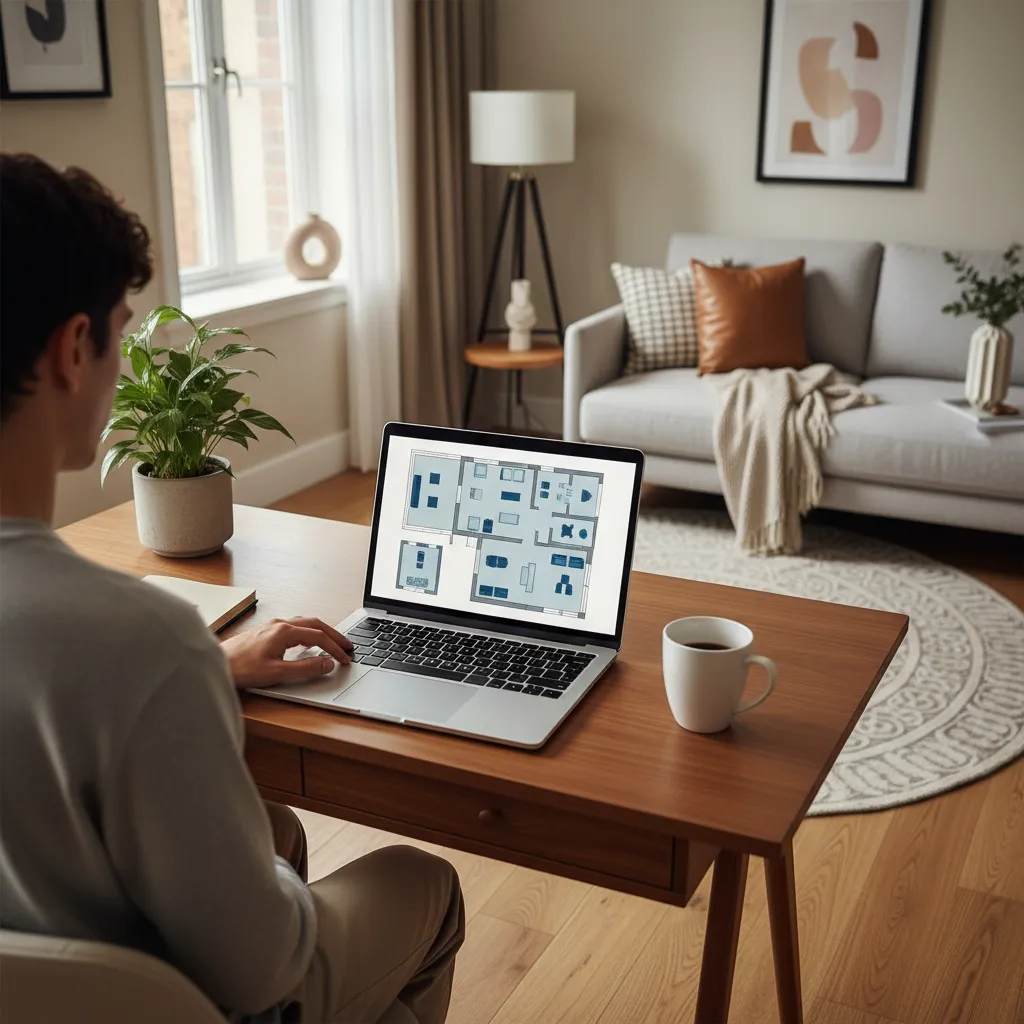 Persona diseñando una casa digitalmente desde un portátil en casa