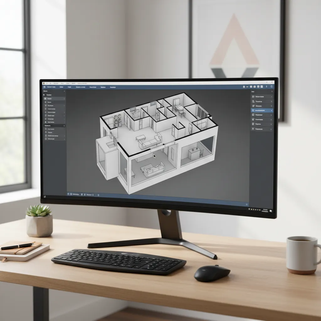 Interfaz digital mostrando un plano de casa en 3D en un ordenador