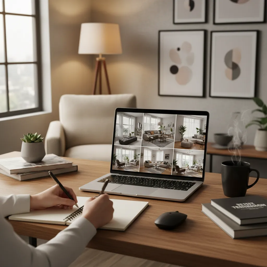 Clase online de diseño de interiores con renders y planos en pantalla