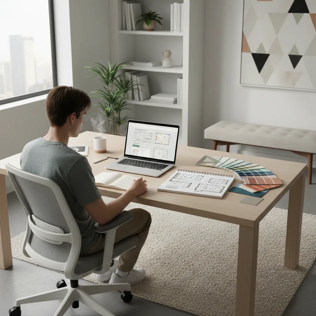 person studying interior design online with laptop and design sketches