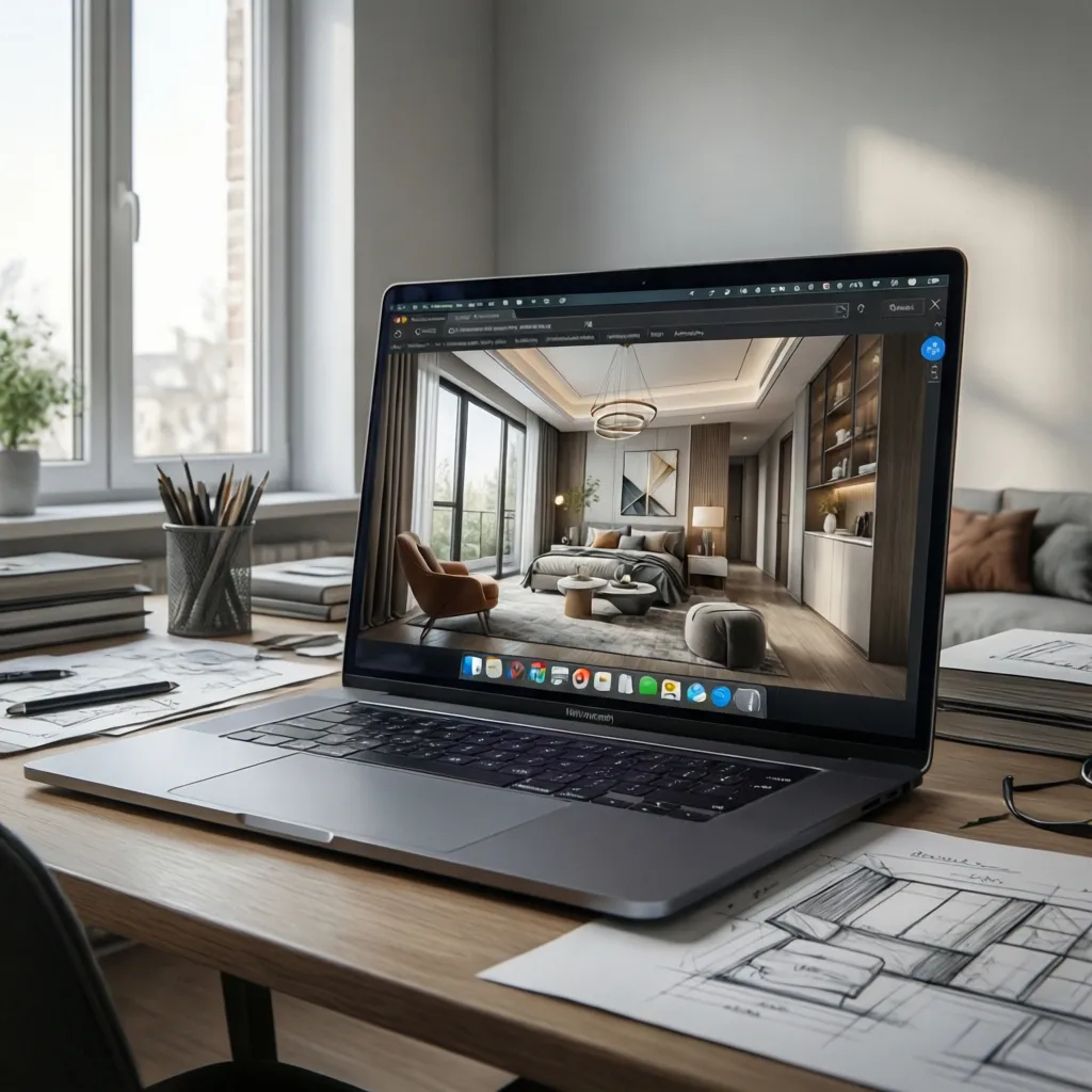 Pantalla con modelo 3D de un apartamento durante una clase online de interiorismo