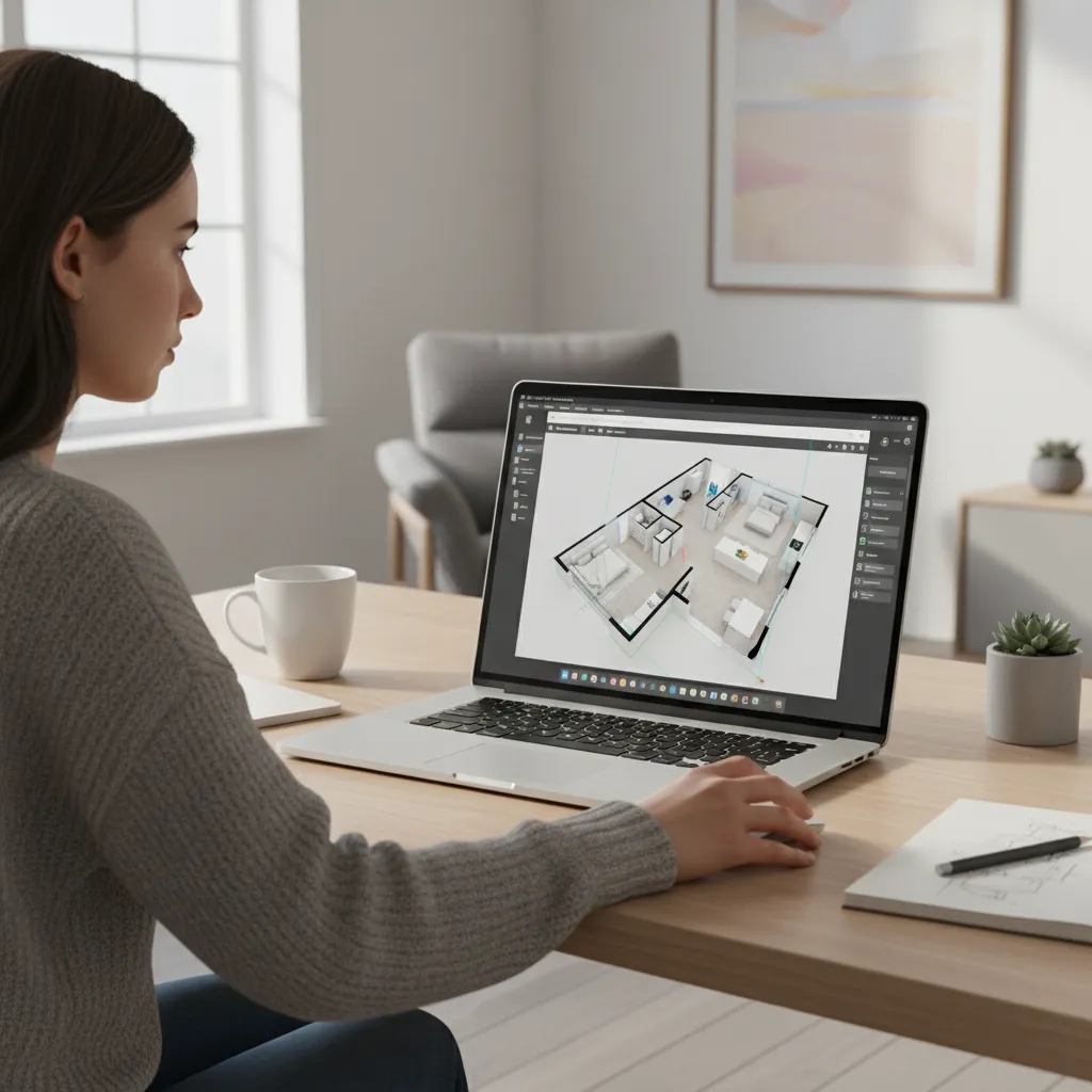 Laptop showing 3D floor plan design during an online interior design class