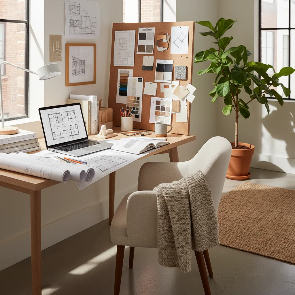 Laptop on wooden desk showing Coohom floor plan next to interior design drawings and plant