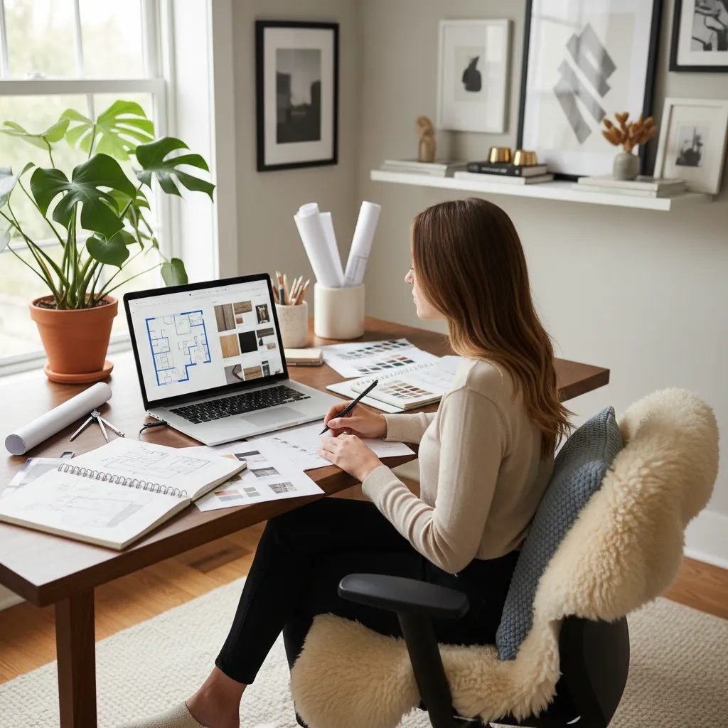 Woman drawing on room layout paper while looking at floor plan on a laptop screen