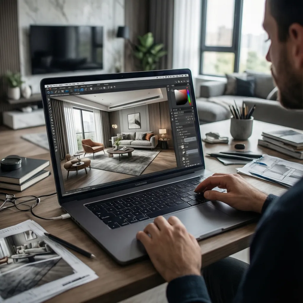 Usuario diseñando una habitación con herramienta online de diseño interior