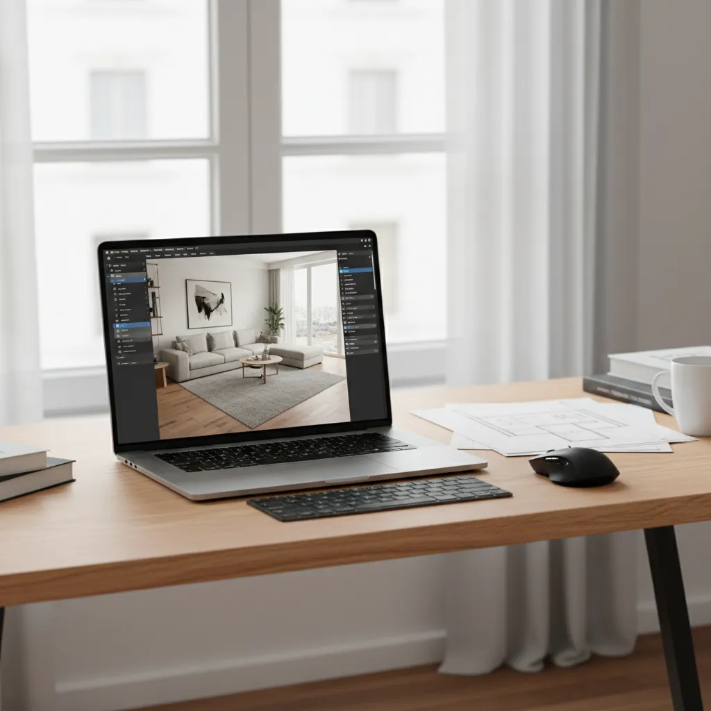 Laptop on wooden desk showing interior design software tool with interior design drawing on screen