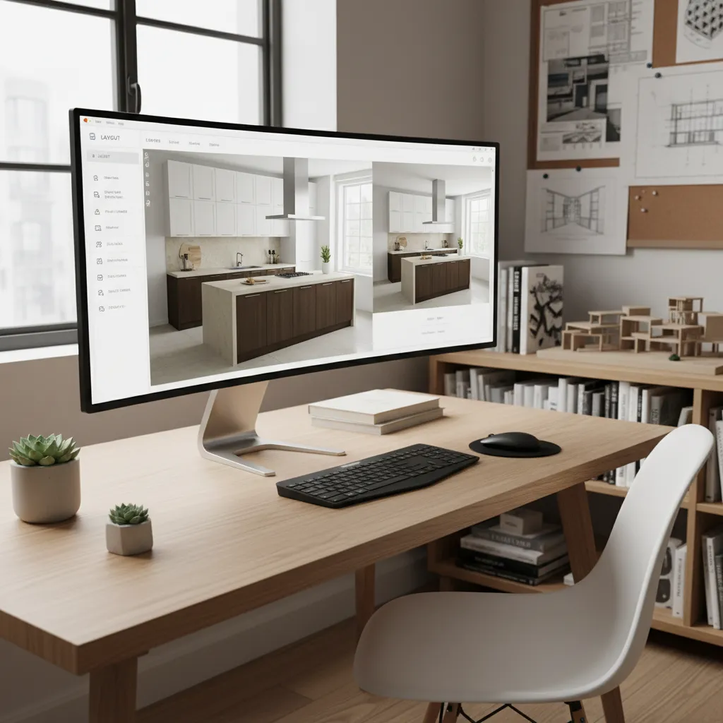 Kitchen layout planning interface on computer showing countertop arrangement