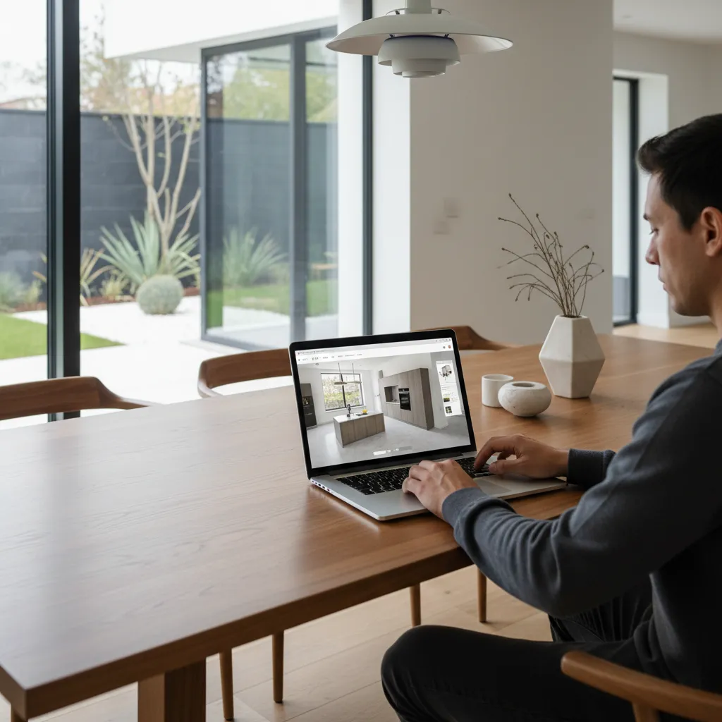 Person planning a kitchen layout using an online kitchen design tool on a laptop