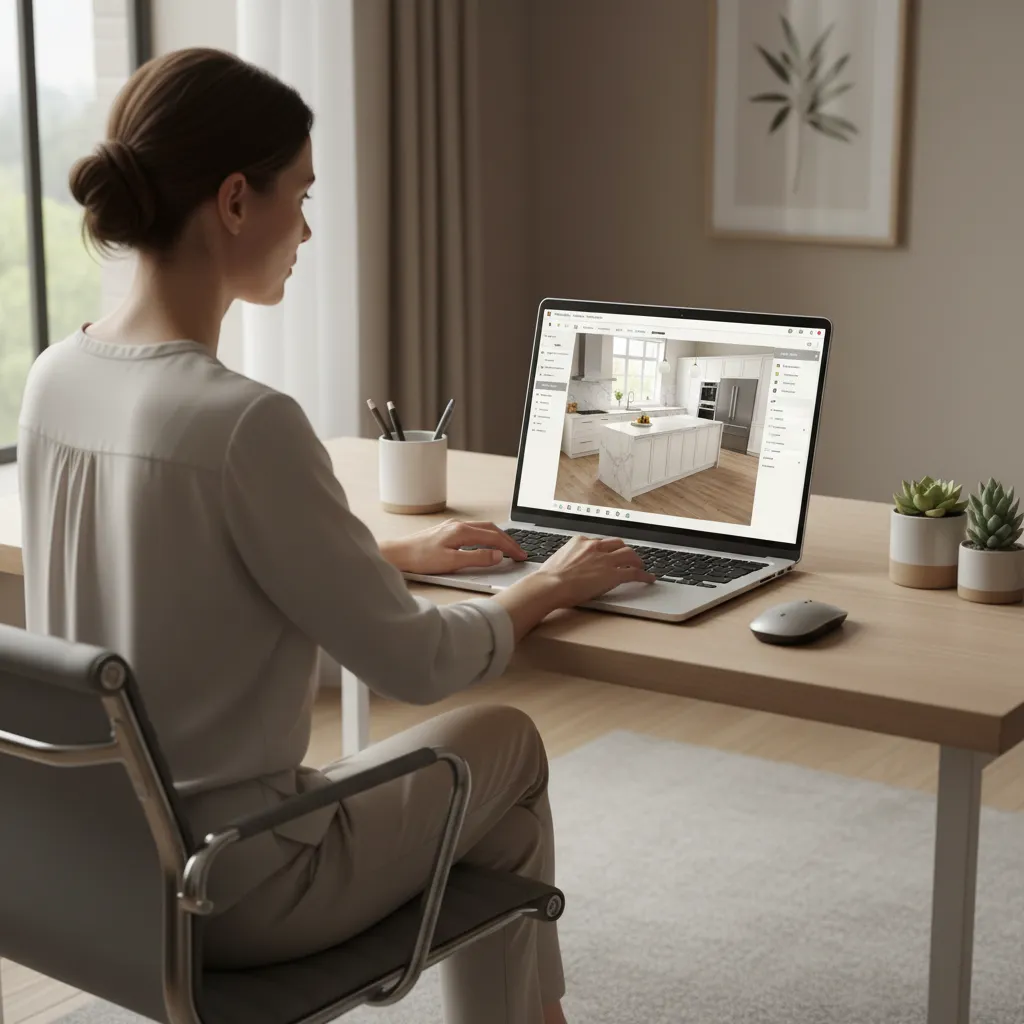 homeowner planning kitchen layout using online kitchen design software
