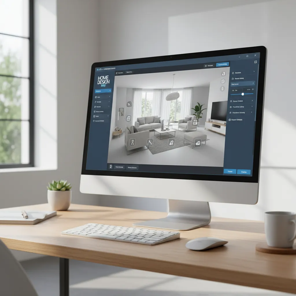 Browser based interior design software interface showing a living room layout in 3D