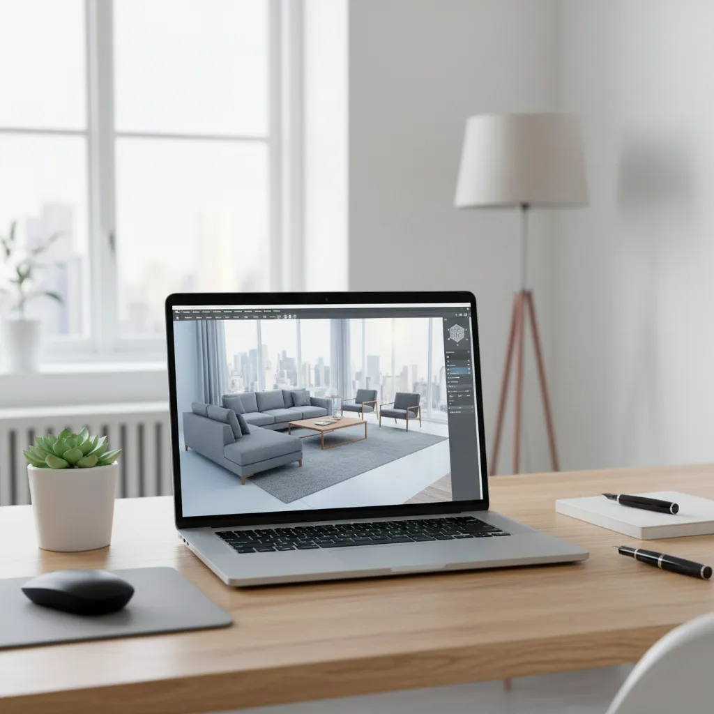 Laptop displaying a 3D room design planner with furniture layout