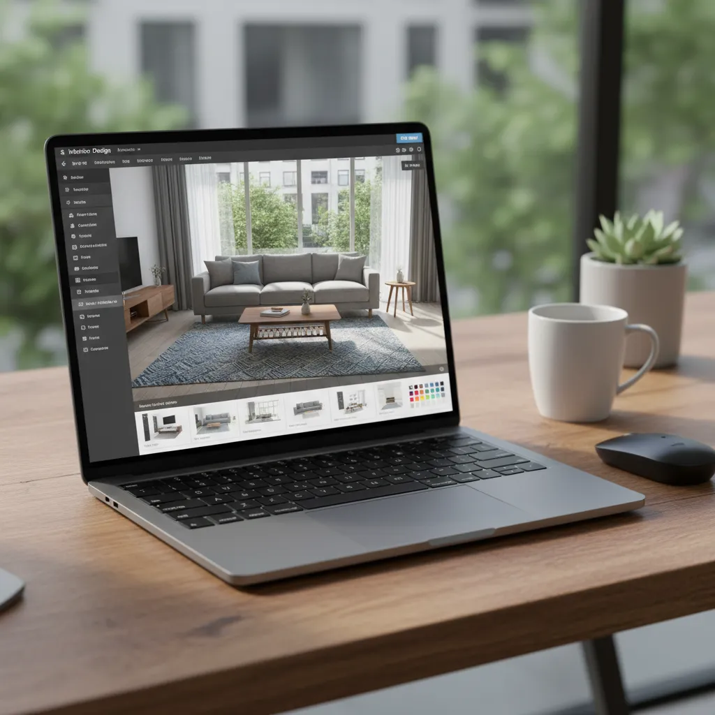 Laptop showing a 3D room layout in an online interior design planner