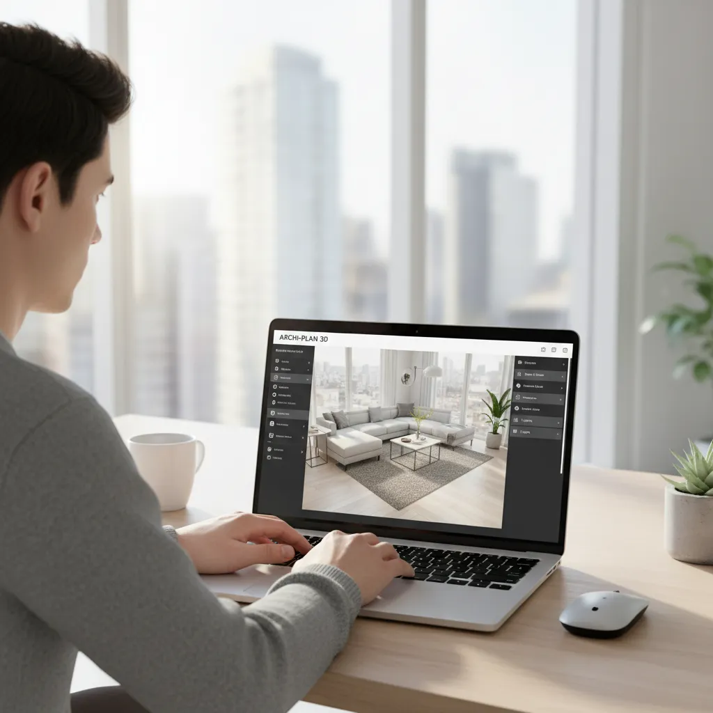 person designing living room layout using online interior design software on laptop