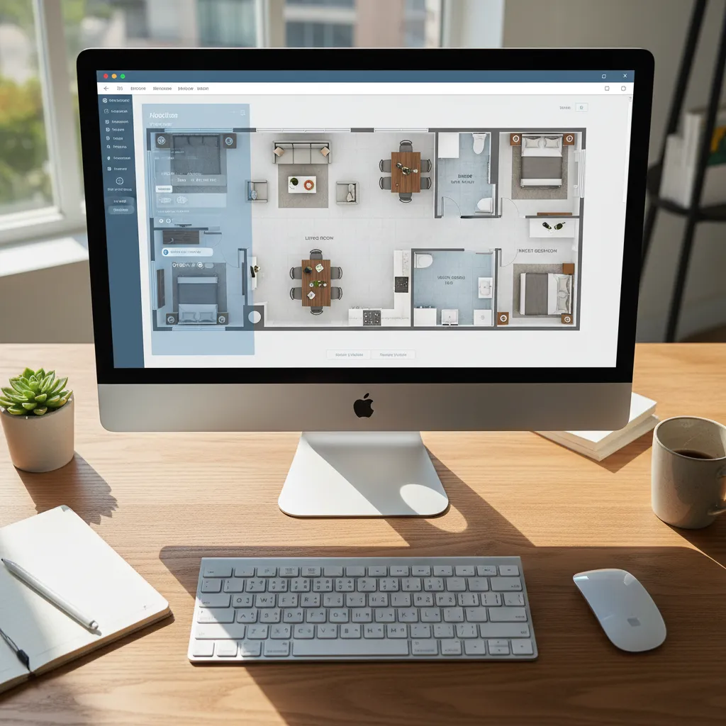 Interfaz de planificador de habitaciones mostrando un plano digital con muebles