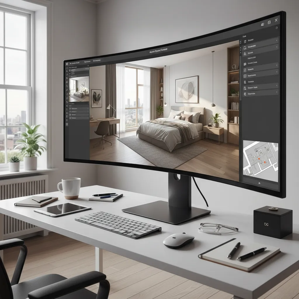 Interfaz de planificador de habitaciones con vista 3D de un dormitorio