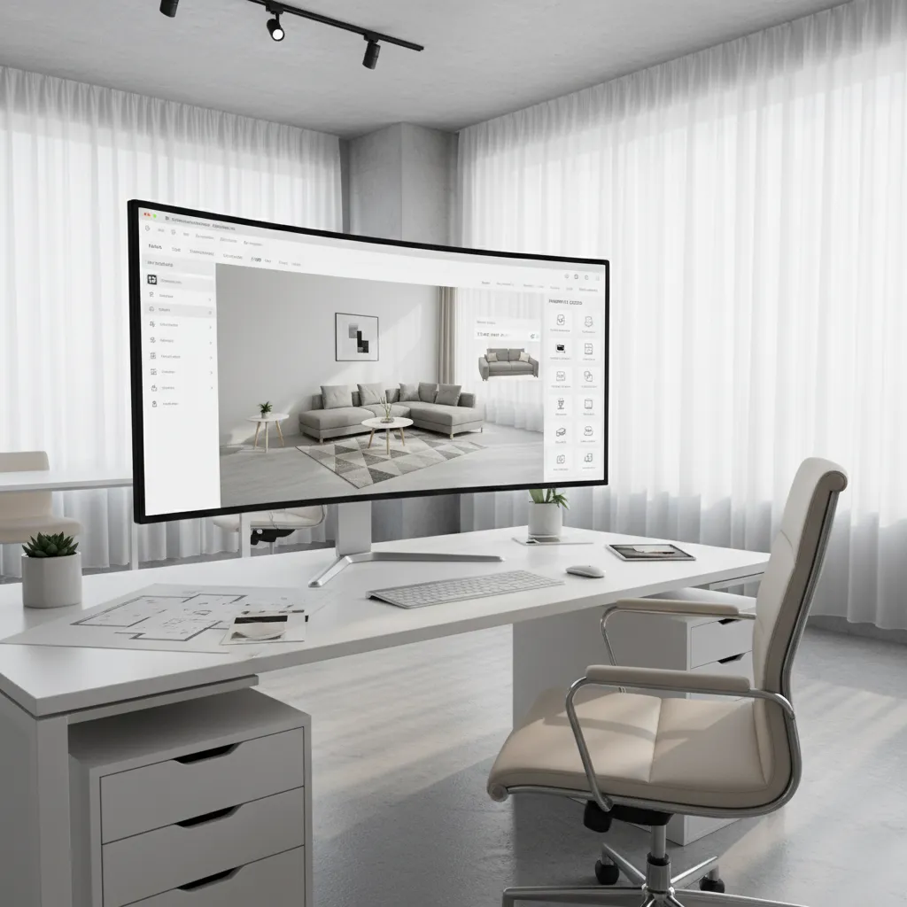 Curved monitor on white desk showing interior design drawing of living room with grey sofa