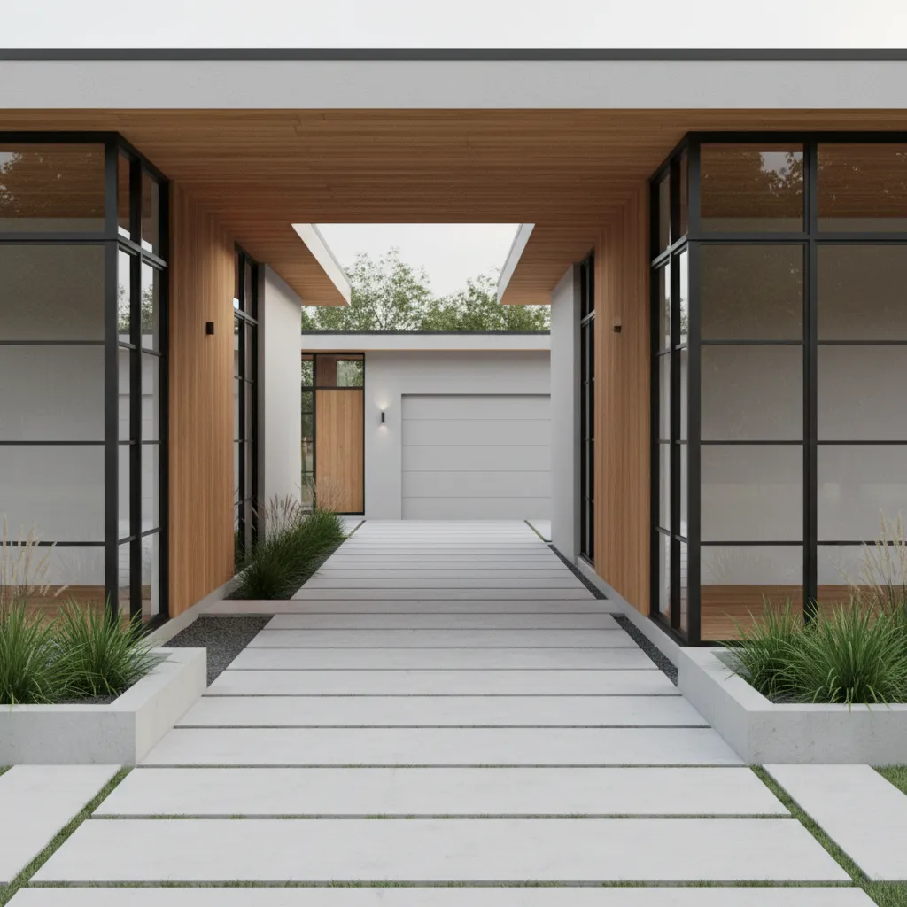 Open breezeway walkway between garage and house with natural airflow and modern outdoor design