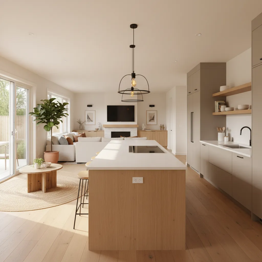 Cocina abierta con isla conectada al salón