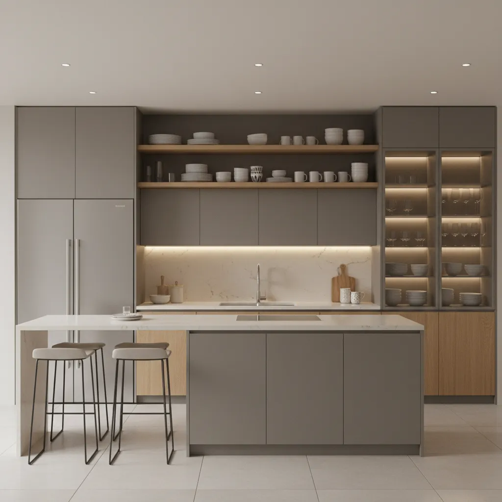 Kitchen cabinet combining open shelves and closed crockery storage