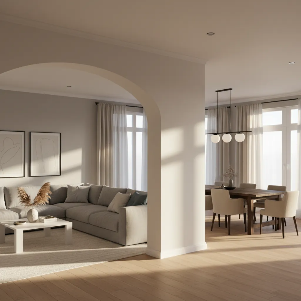 Coohom room layout with grey sofa wooden dining table and a large white wall arch