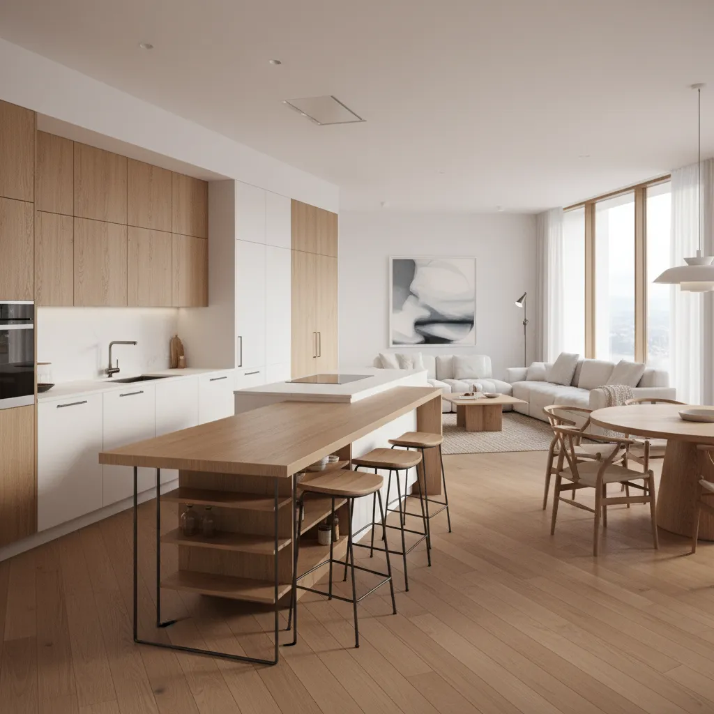 Modern open plan living area with wooden kitchen island stools white sofa and wood floors