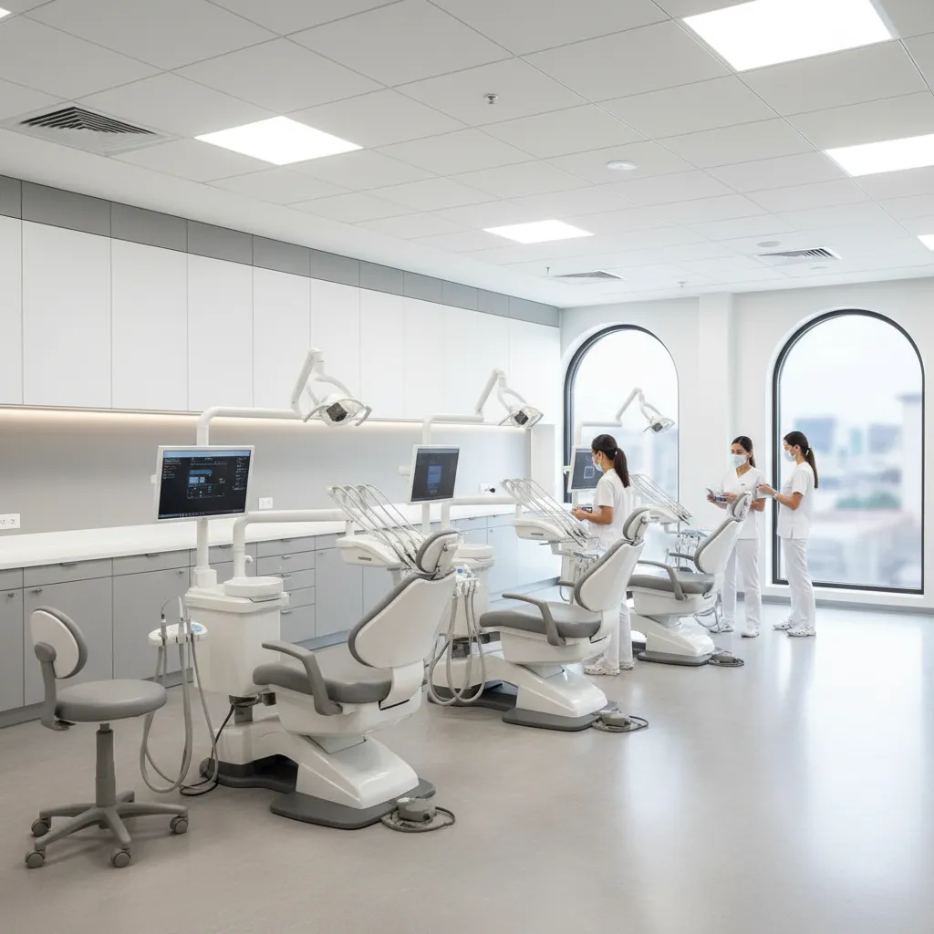 Open bay orthodontic clinic layout with multiple treatment chairs in one shared space