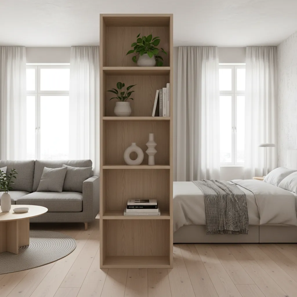 Open bookshelf used as a room divider between living room and bedroom