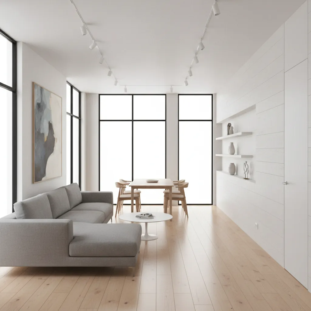 open circulation path integrated with living room in narrow house