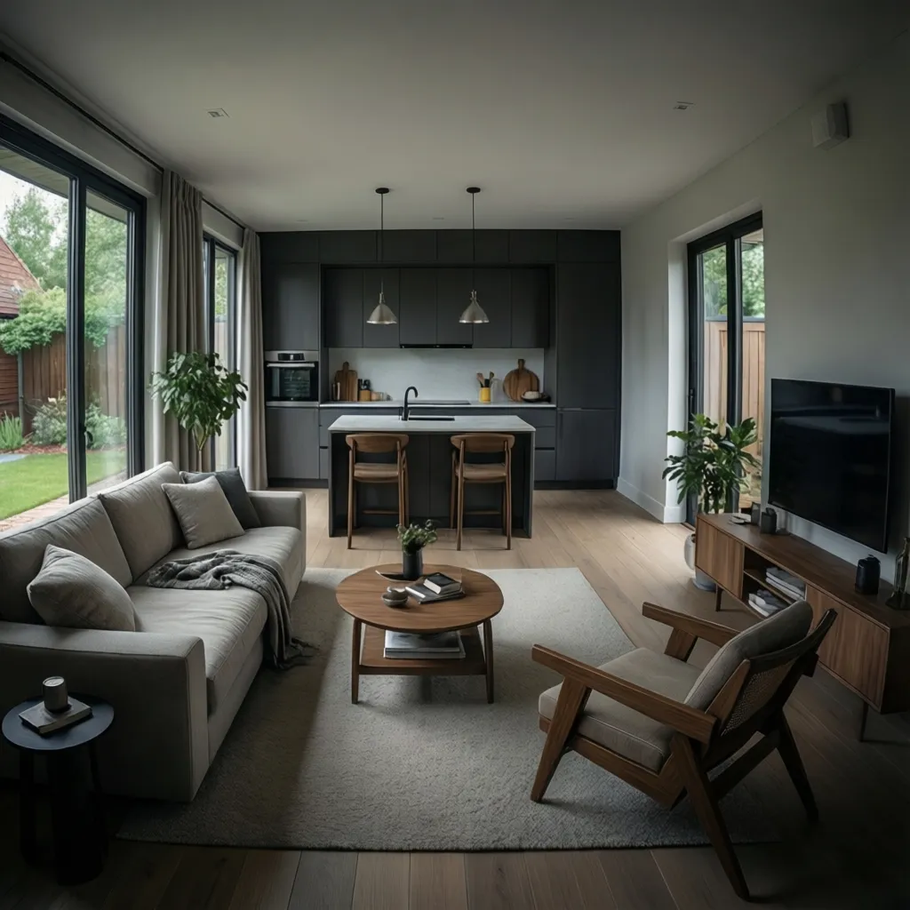 Open concept living room and kitchen in a 1000 square foot house