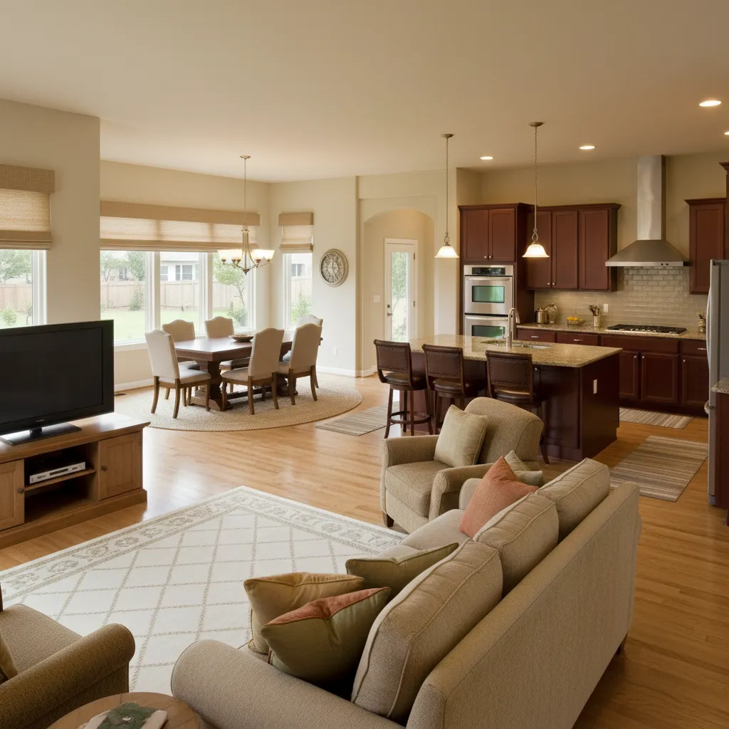 open concept 2005 home layout showing living dining kitchen zones