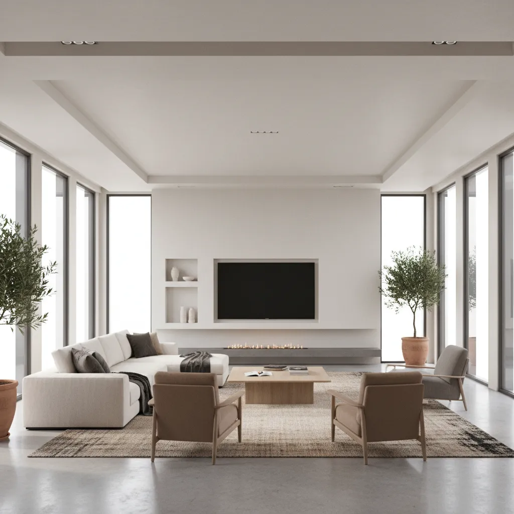 open concept layout with central sofa arrangement in a 25x25 living room