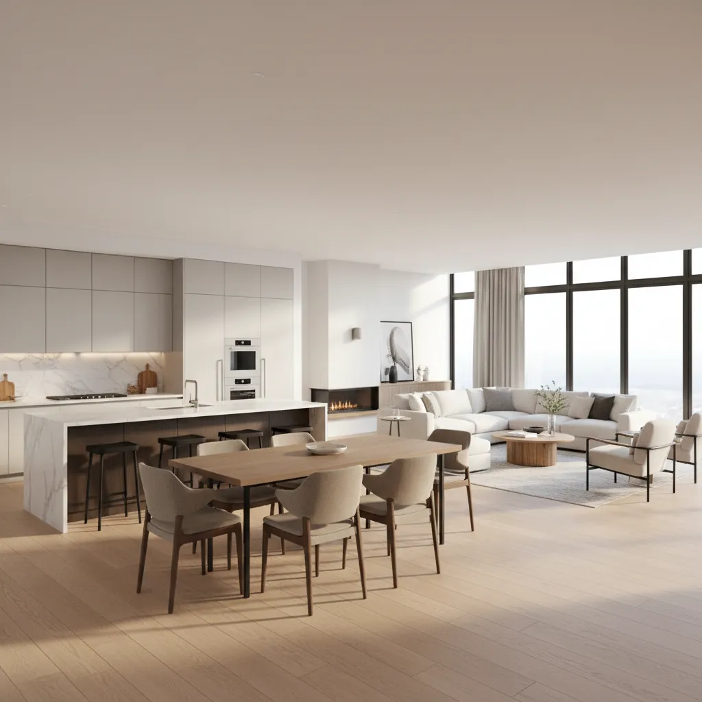 Open concept living room kitchen layout in a 3 bedroom house
