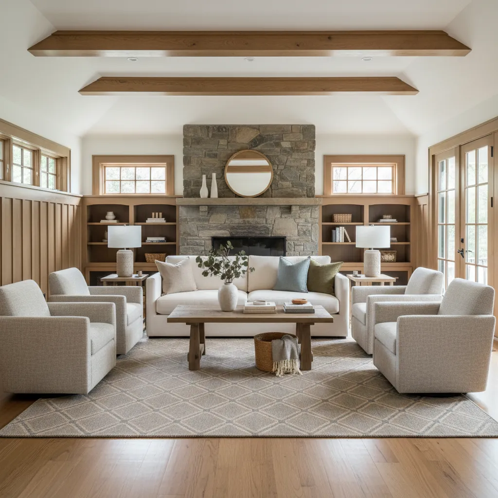 Open concept bungalow living room furniture layout with sofa and chairs around a rug