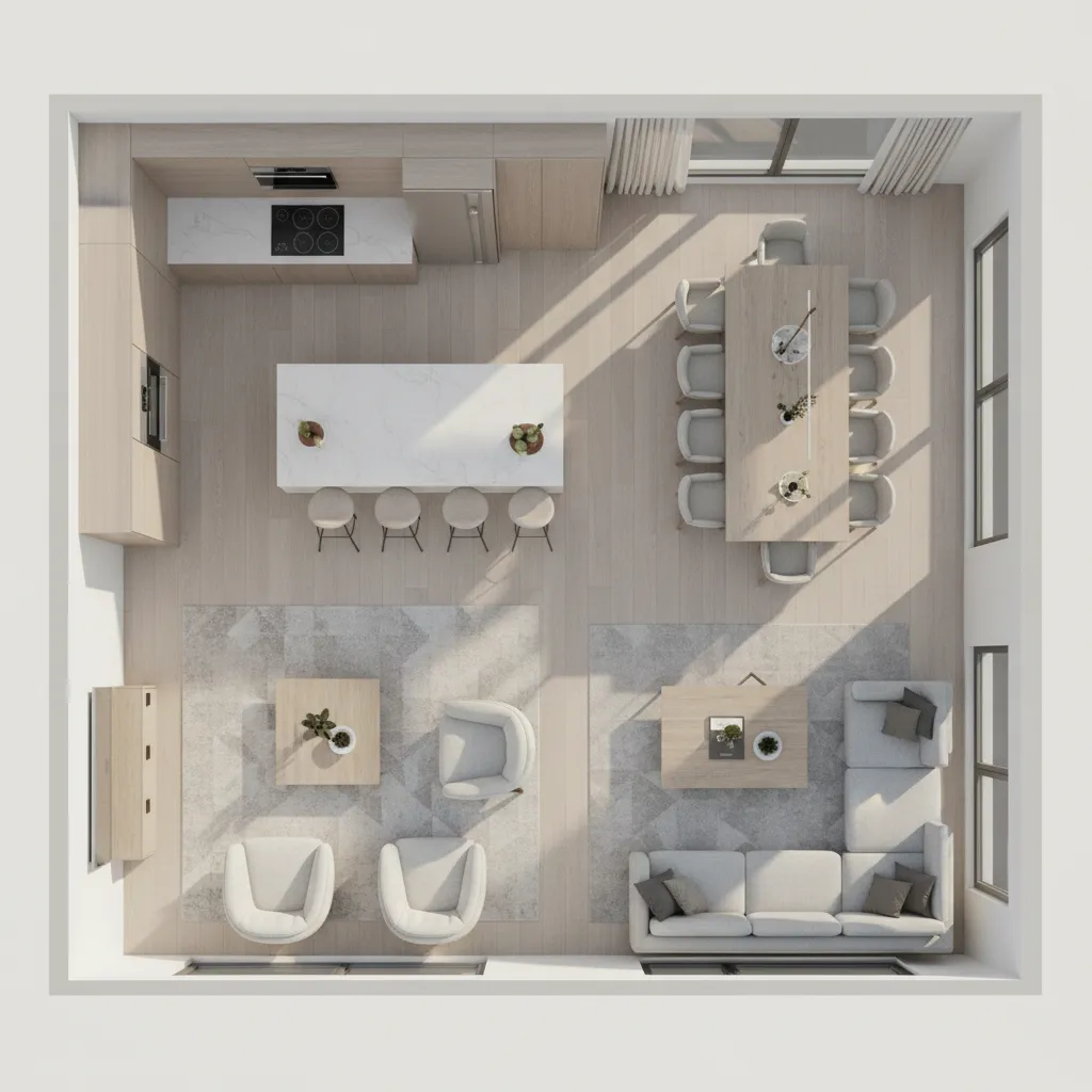 Plano de planta abierto con salón, comedor y cocina conectados