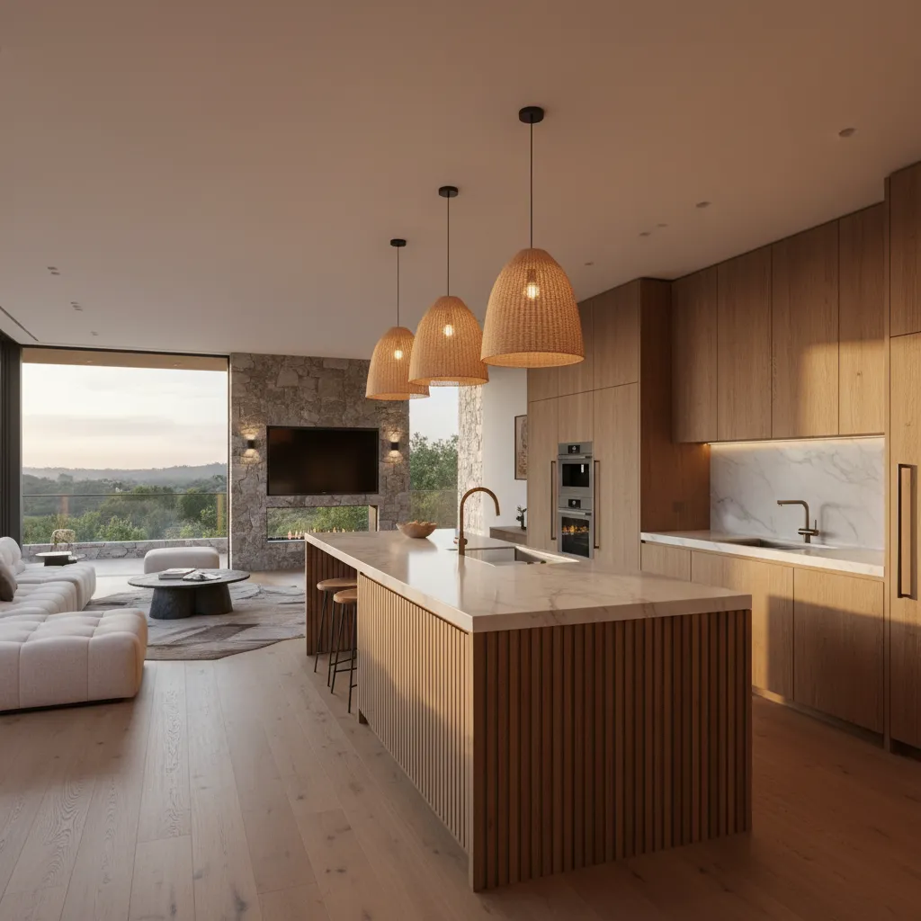 Cocina abierta de diseño conectada con el salón