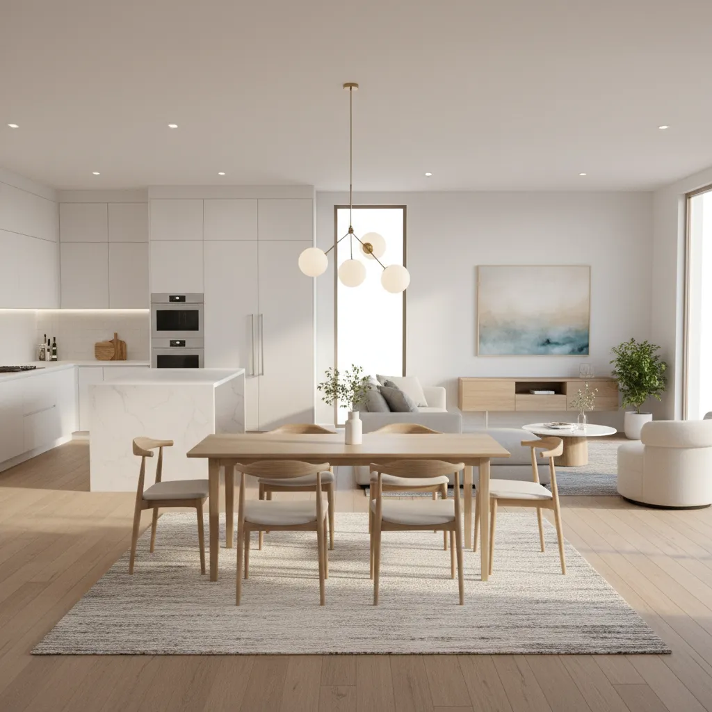 Open concept living space with dining area defined by an 8 x 10 rug