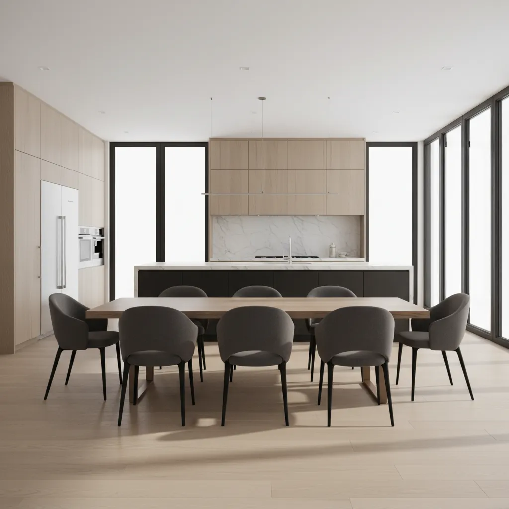 open concept kitchen and dining area with large dining table and clear circulation space