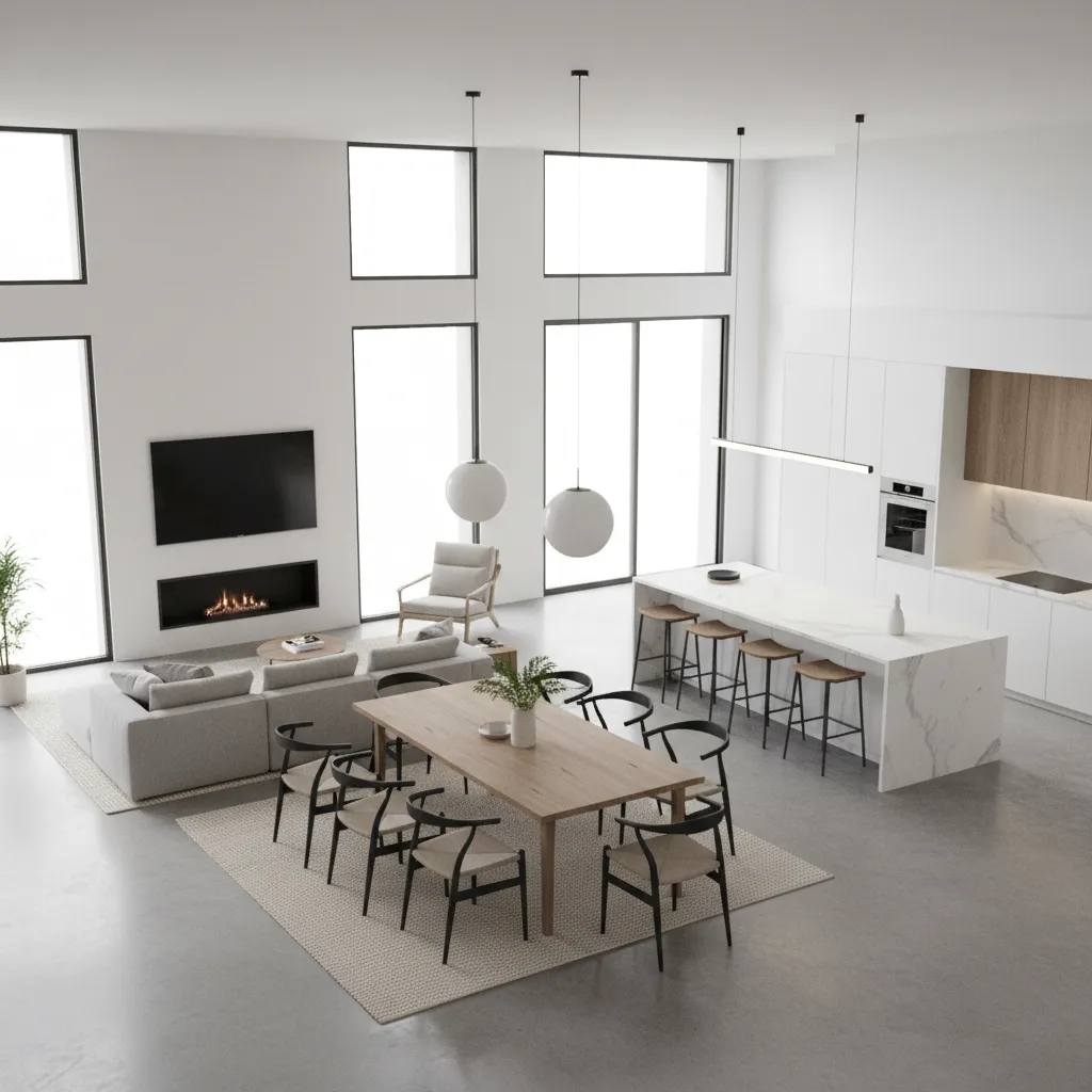 Modern open plan room with dining table kitchen island grey sofa fireplace and large windows