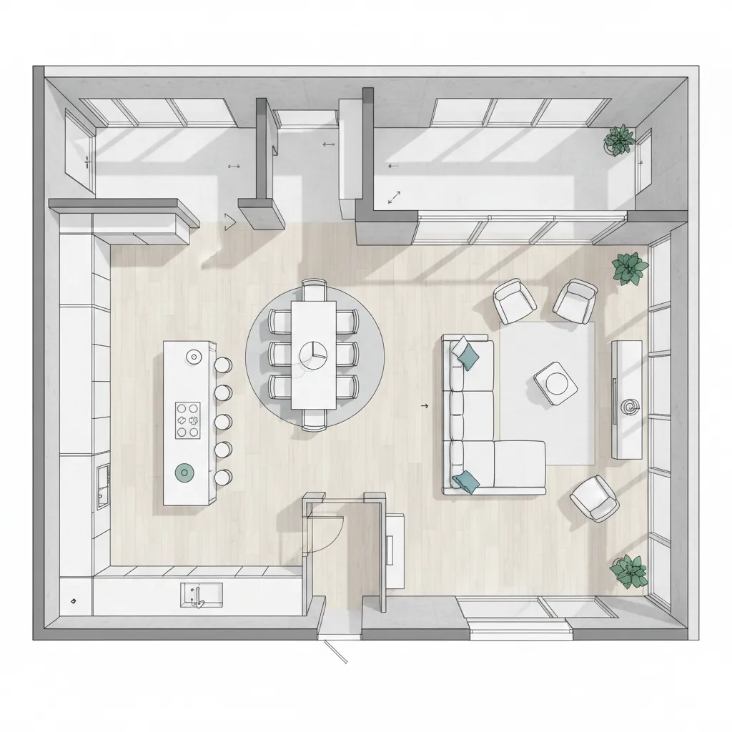 Open concept floor plan layout showing kitchen dining and living space connection