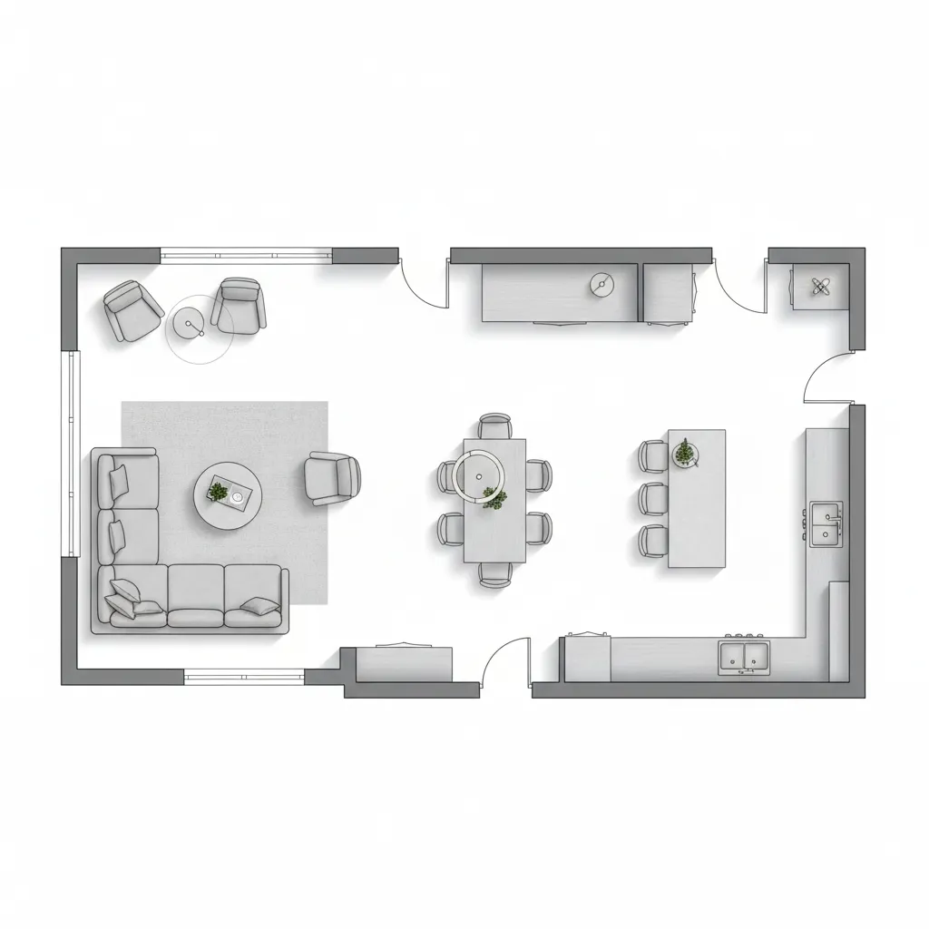 open concept living dining kitchen floor plan layout