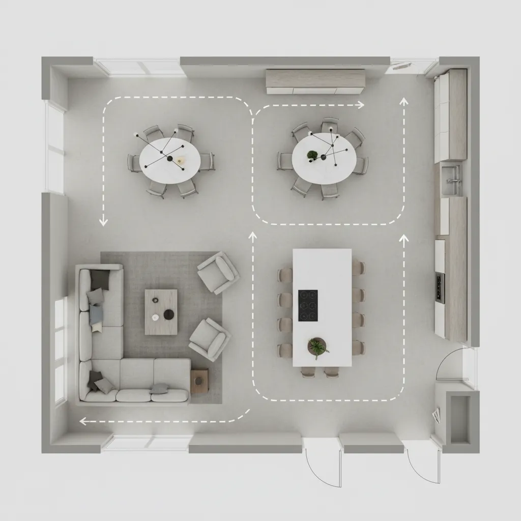 open concept living room floor plan layout with furniture spacing and circulation paths