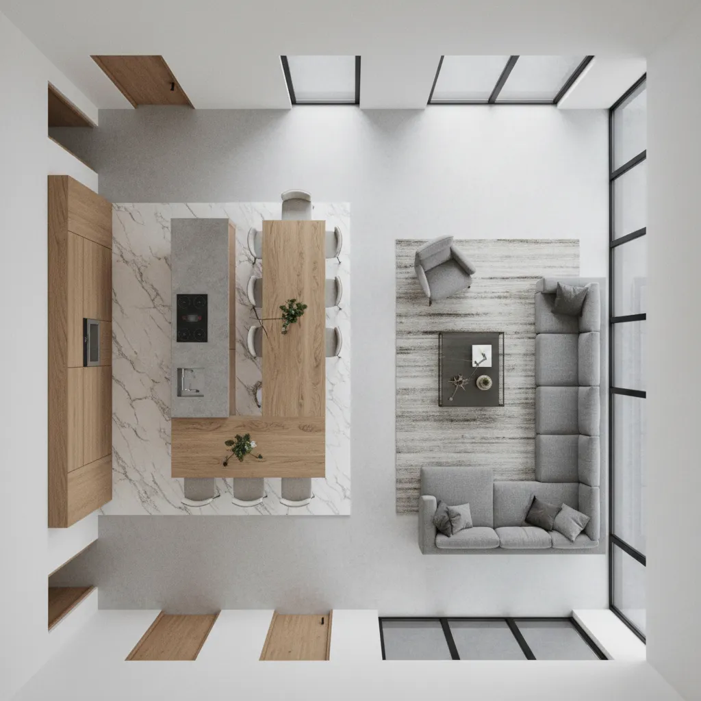Open floor plan diagram showing clear walking paths around kitchen island